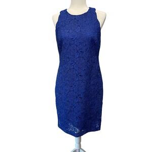 Lauren Ralph Lauren Floral Lace Sheath Dress Sz 12 Royal Blue Lined Sleeveless